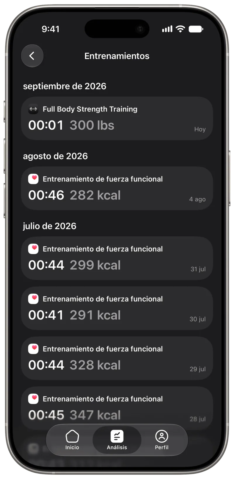 Historial completo de entrenamientos en Specular